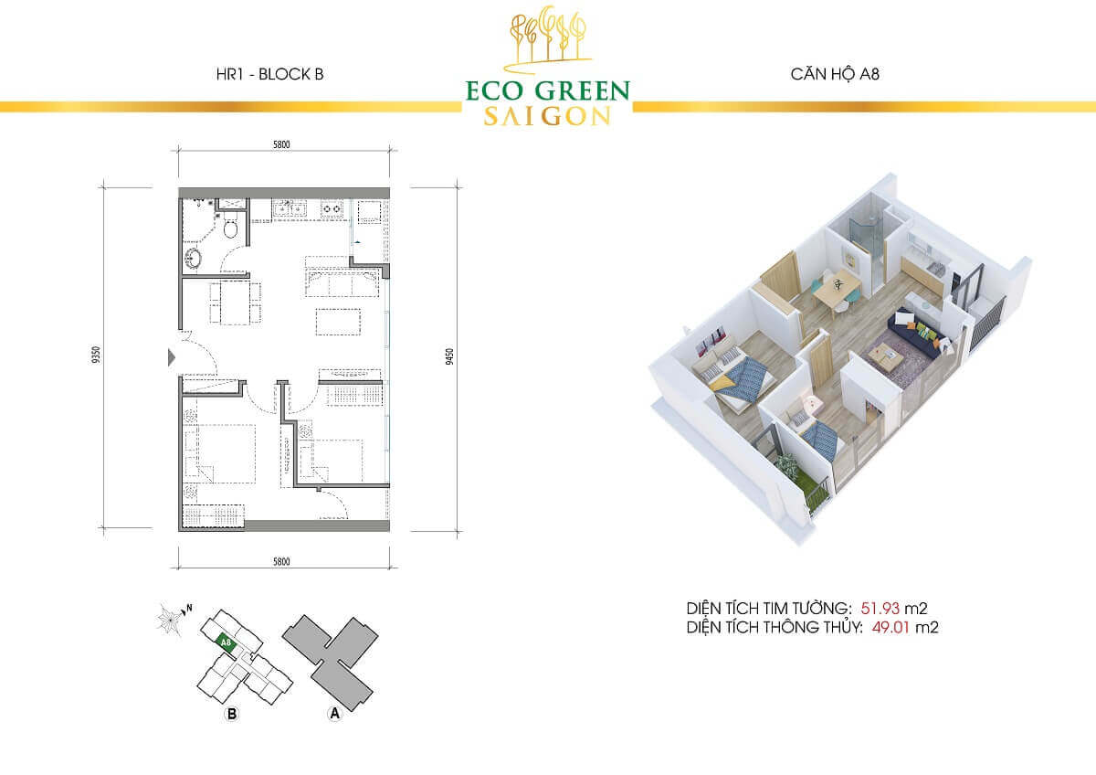 Layout căn hộ 2 phòng ngủ tháp HR1 dự án Eco Green Saigon quận 7