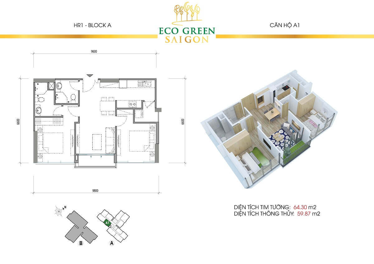 Layout căn hộ 2 phòng ngủ tháp HR1 dự án Eco Green Saigon quận 7