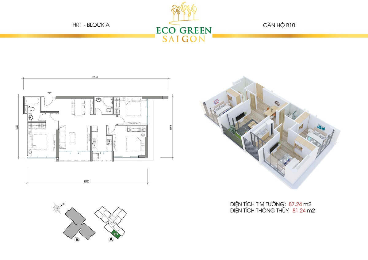 Layout căn hộ 3 phòng ngủ tháp HR1 dự án Eco Green Saigon quận 7