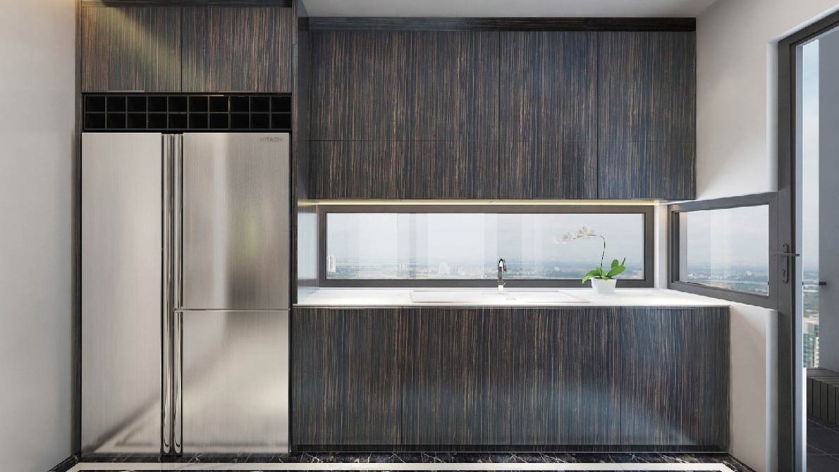 Phòng bếp dự án Opal Boulevard được thiết kế sang trọng với gam màu tối
