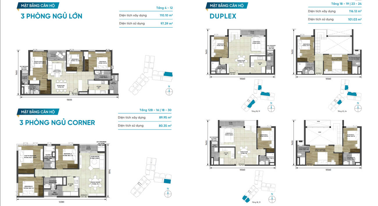 Layout thiết kế căn hộ 3 phòng ngủ  + Duplex