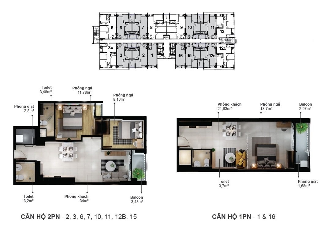 Thiết kế căn hộ 1 và 2 phòng ngủ dự án Ecoxuan Bình Dương