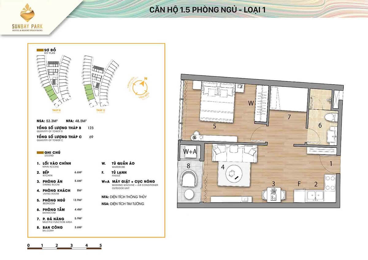 Layout thiết kế căn hộ 1.5 phòng ngủ Sunbay Park