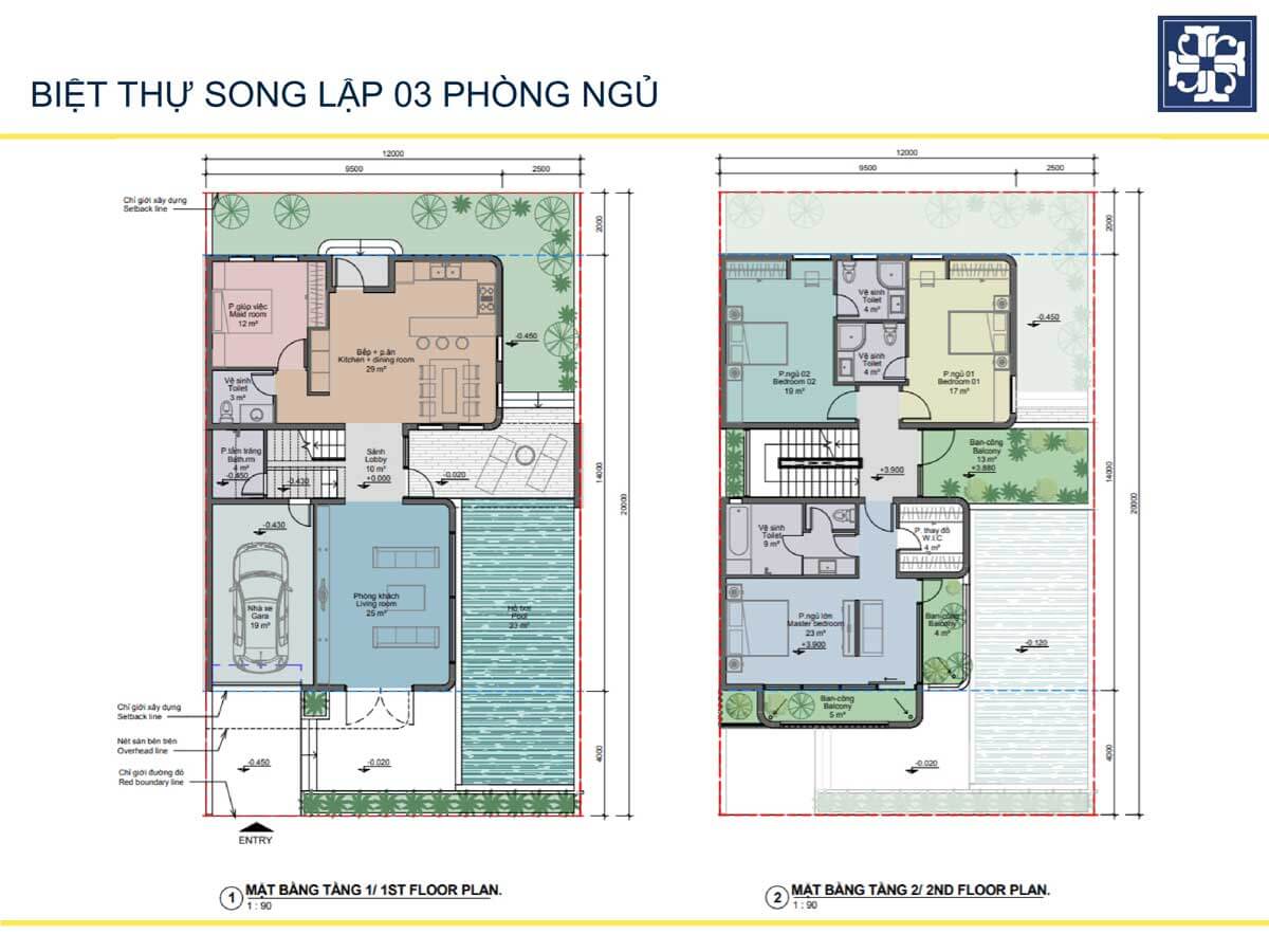 Layout thiết kế tầng 1 + tầng 2 biệt thự song lập Thera Premium Tuy Hòa, Phú Yên