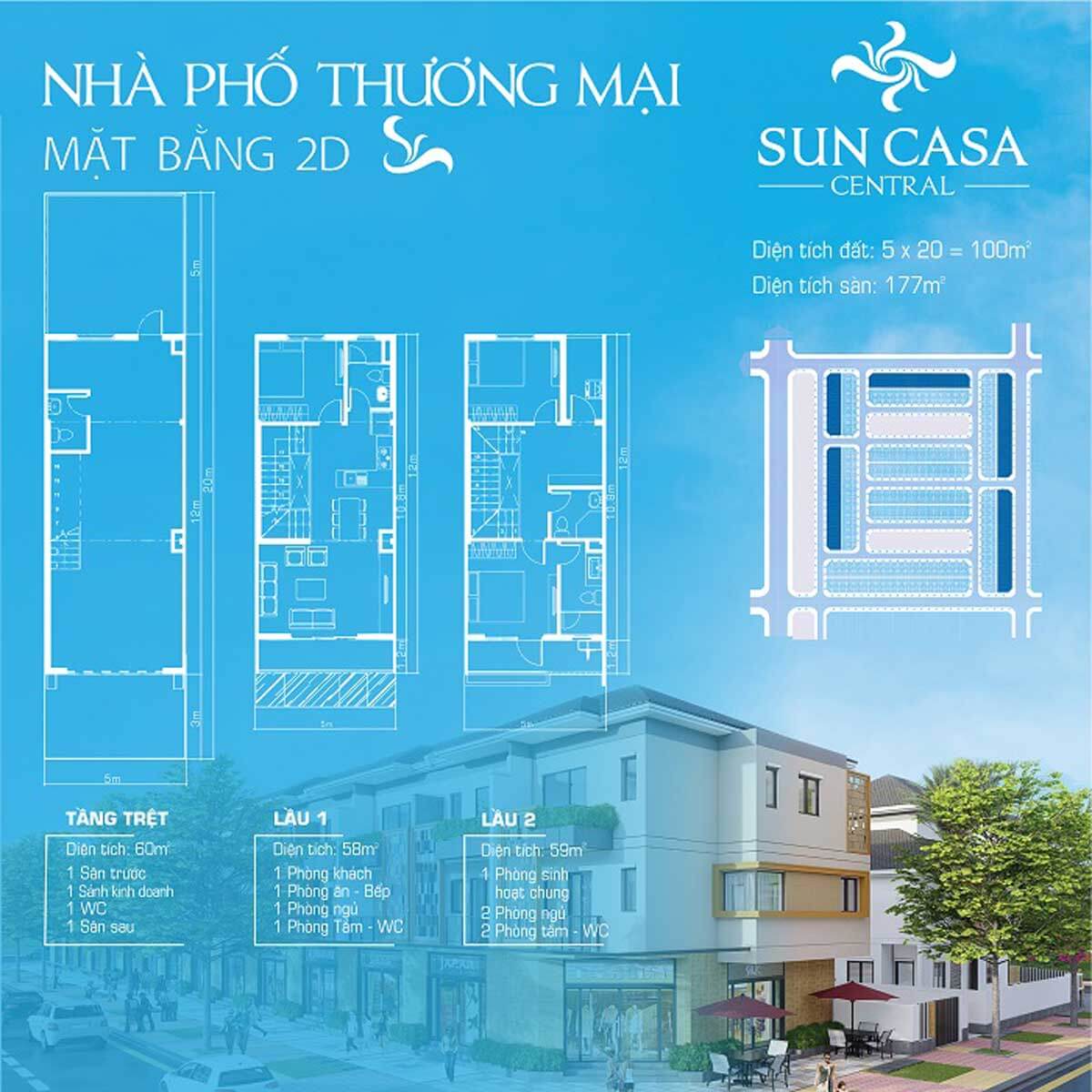 Layout thiết kế shophouse Sun Casa Central Bình Dương - chủ đầu tư VSIP