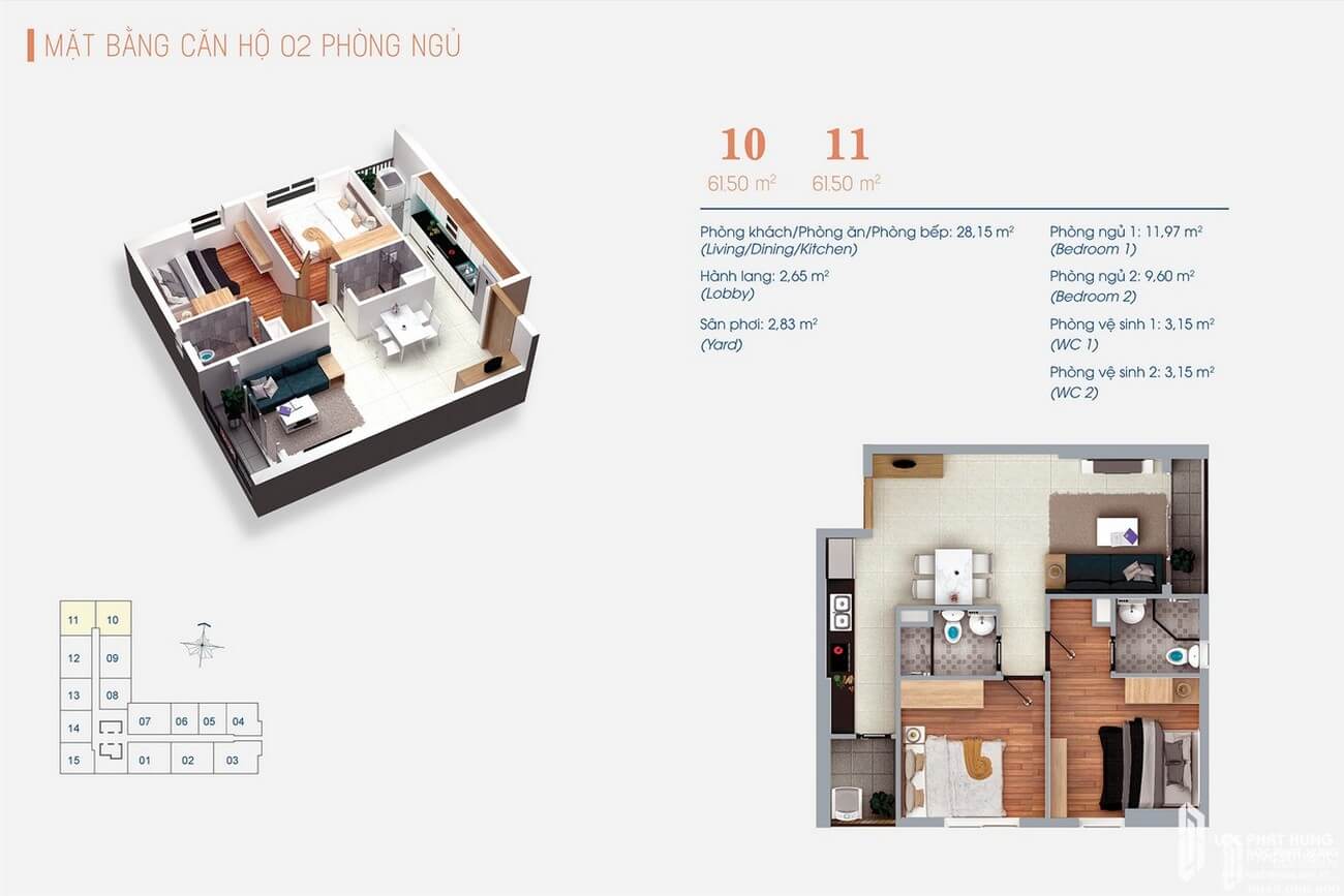 Layout thiết kế căn hộ 2 phòng ngủ Green Square Di An City
