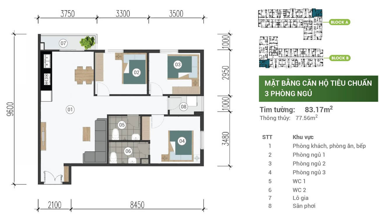 Layout thiết kế căn hộ 3 phòng ngủ Parkview Apartment 