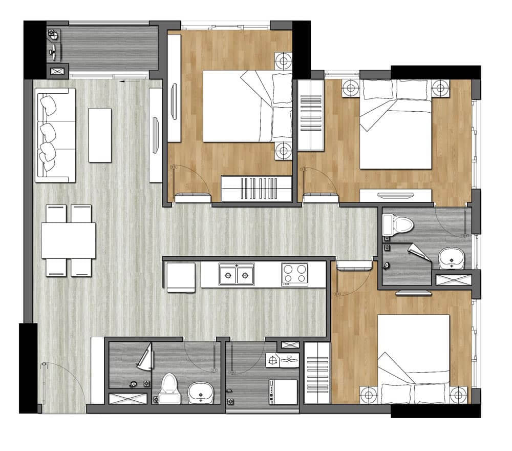 Layout thiết kế căn hộ 3 phòng ngủ New Galaxy Bình Dương