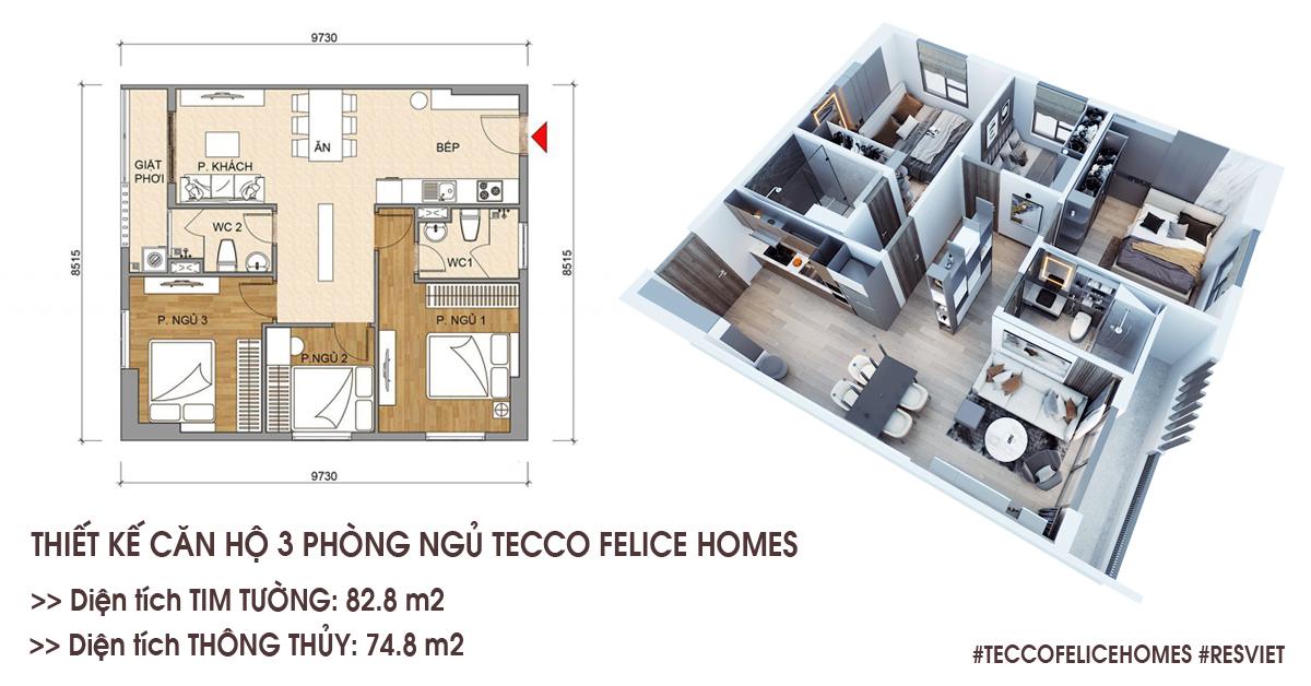 Layout căn hộ 3 phòng ngủ Tecco Felice Tower