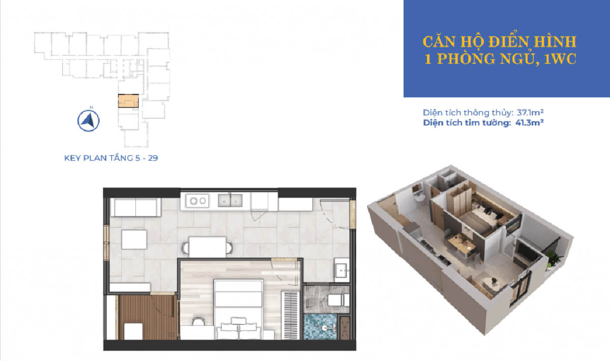 Layout thiết kế căn hộ Calla Apartment Quy Nhơn, 1 phòng ngủ