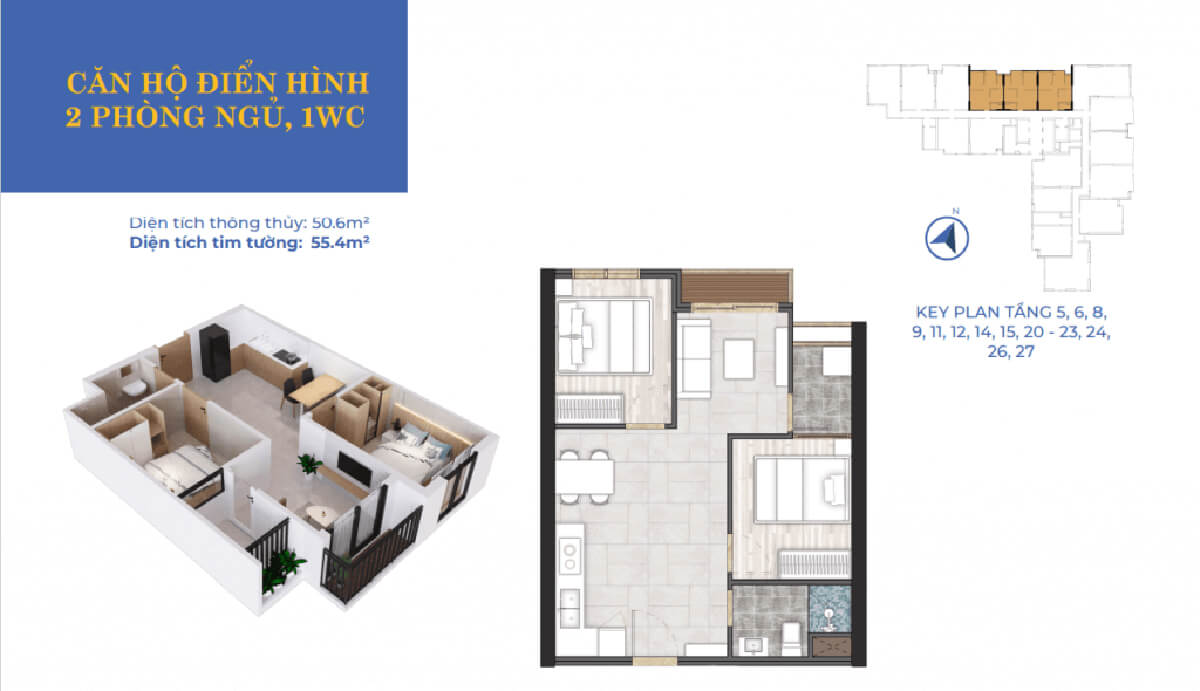 Layout thiết kế căn hộ Calla Apartment Quy Nhơn, 2 phòng ngủ, 1 phòng vệ sinh