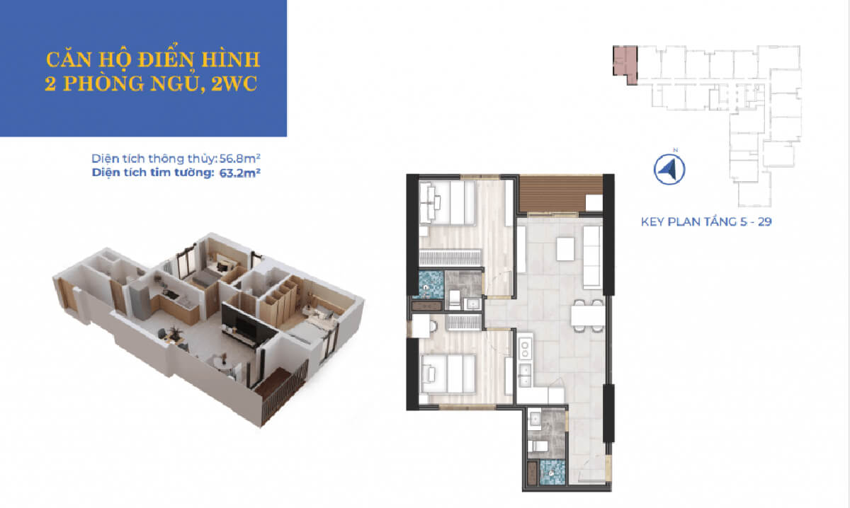 Layout thiết kế căn hộ Calla Apartment Quy Nhơn, 2 phòng ngủ, 2 phòng vệ sinh