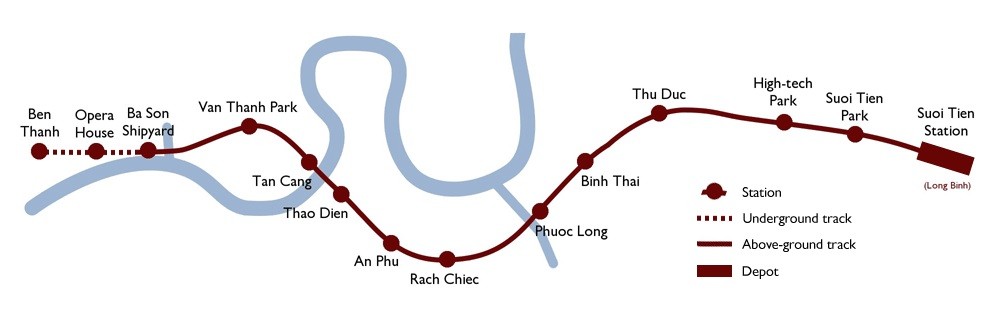 Bản đồ lộ trình tuyến số 1: Bến Thành - Suối Tiên