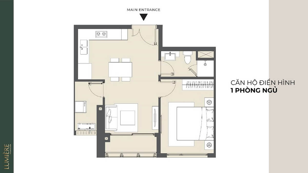 Layout thiết kế căn hộ 1 phòng ngủ