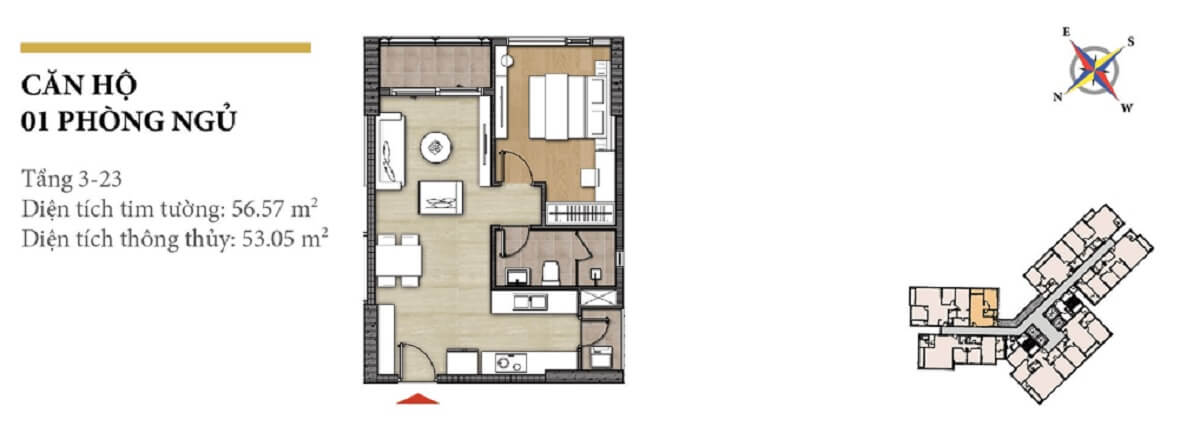Layout thiết kế căn hộ 1 phòng ngủ Tháp Bora Bora