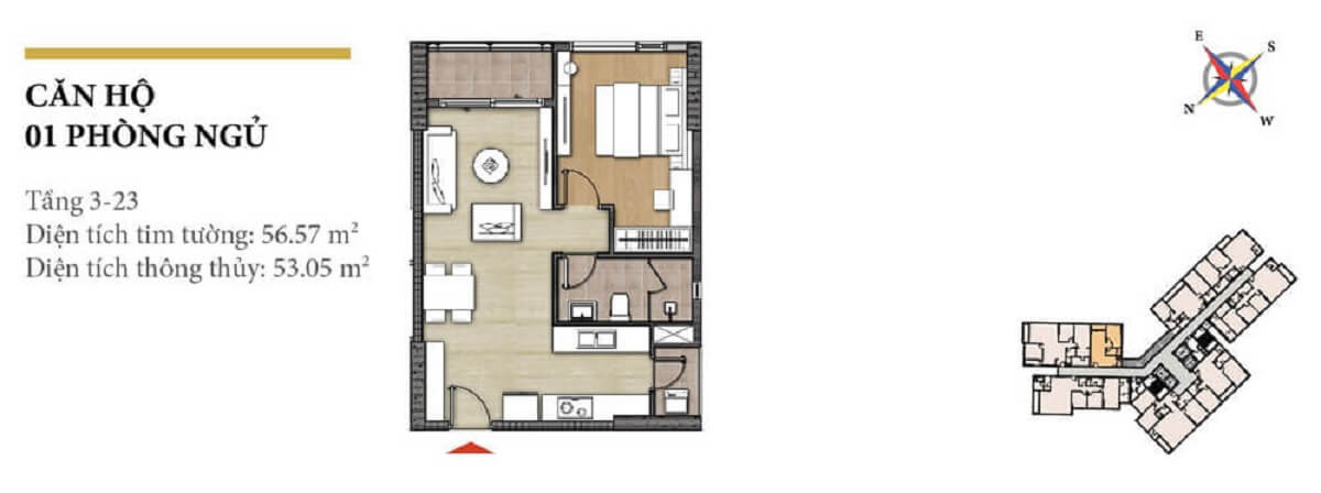 Layout thiết kế căn hộ 1 phòng ngủ tháp Hawaii