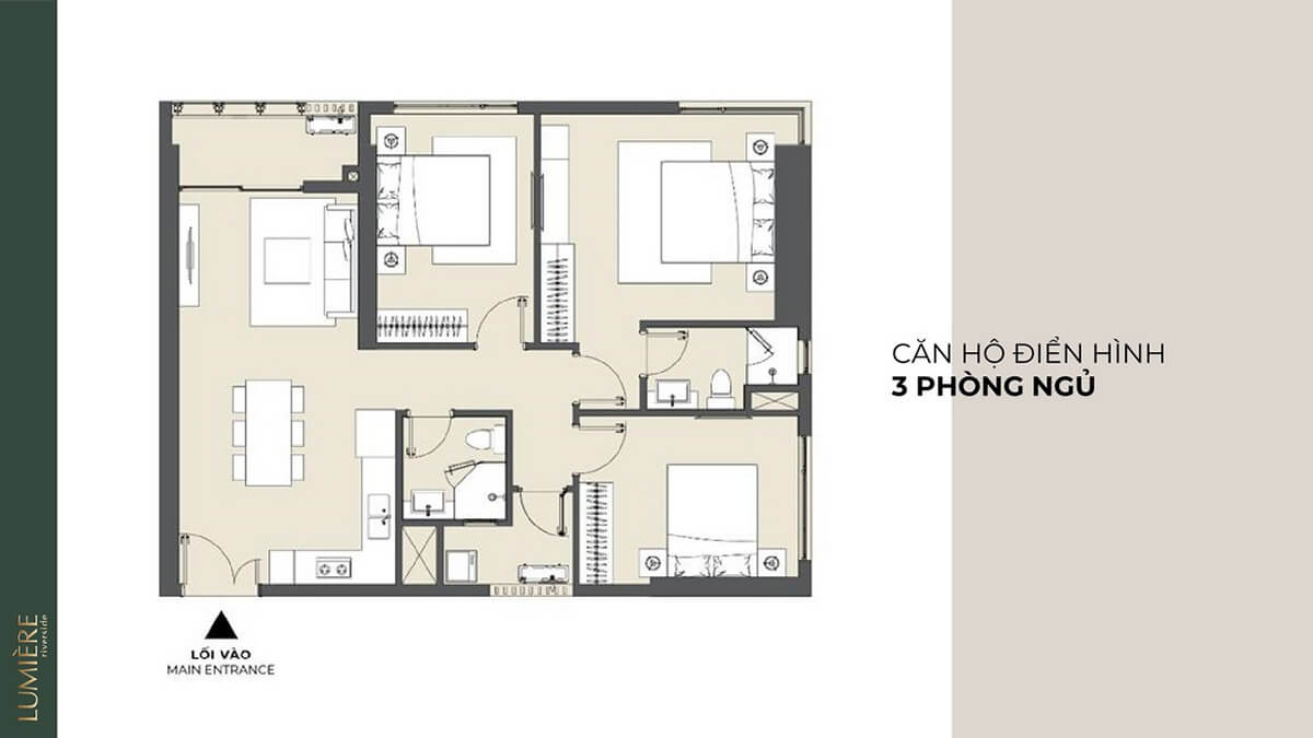 Layout thiết kế căn hộ 3 phòng ngủ