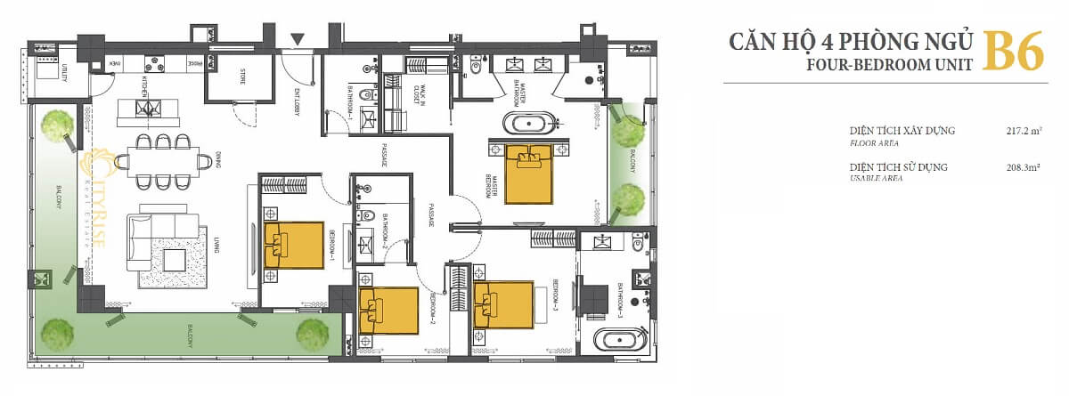 Layout thiết kế căn hộ 4 phòng ngủ tháp Brilliant