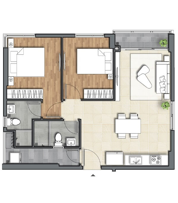 Layout thiết kế căn hộ 2 phòng ngủ
