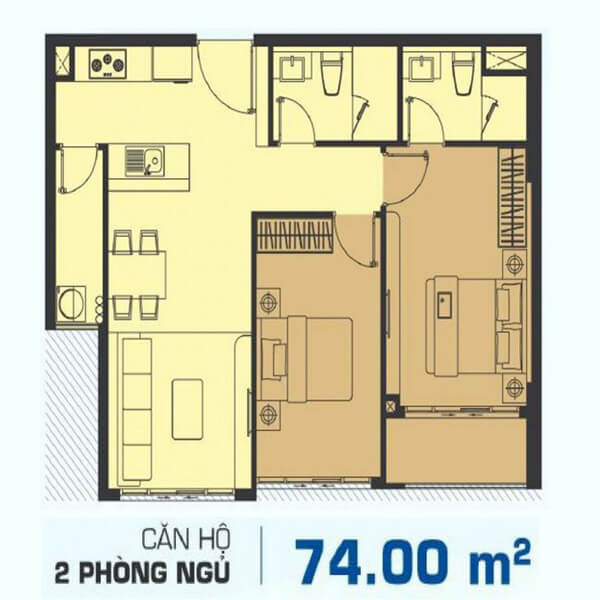 Layout căn hộ 2 phòng ngủ Rivergate Residence quận 4