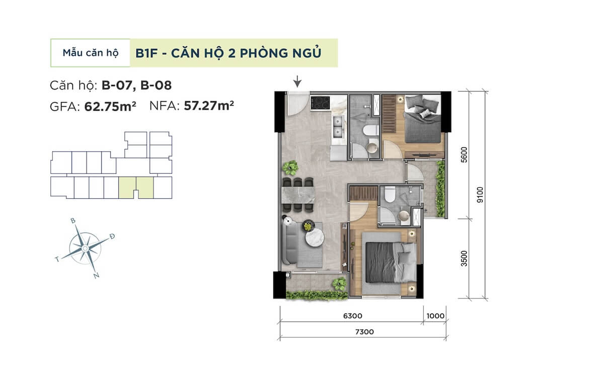 Thiết kế căn hộ 2 phòng ngủ dự án căn hộ Khải Hoàn Prime