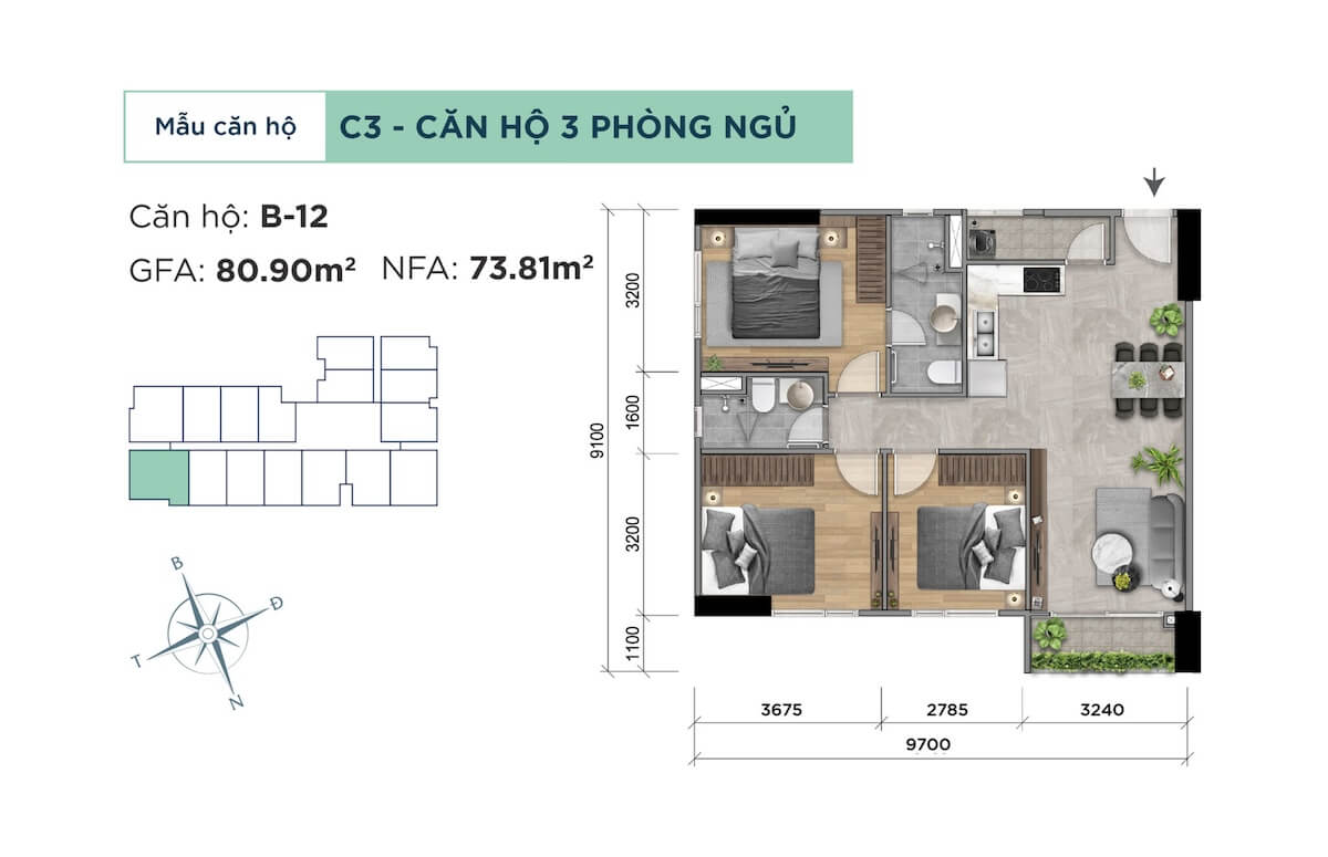 Thiết kế căn hộ 3 phòng ngủ dự án căn hộ Khải Hoàn Prime