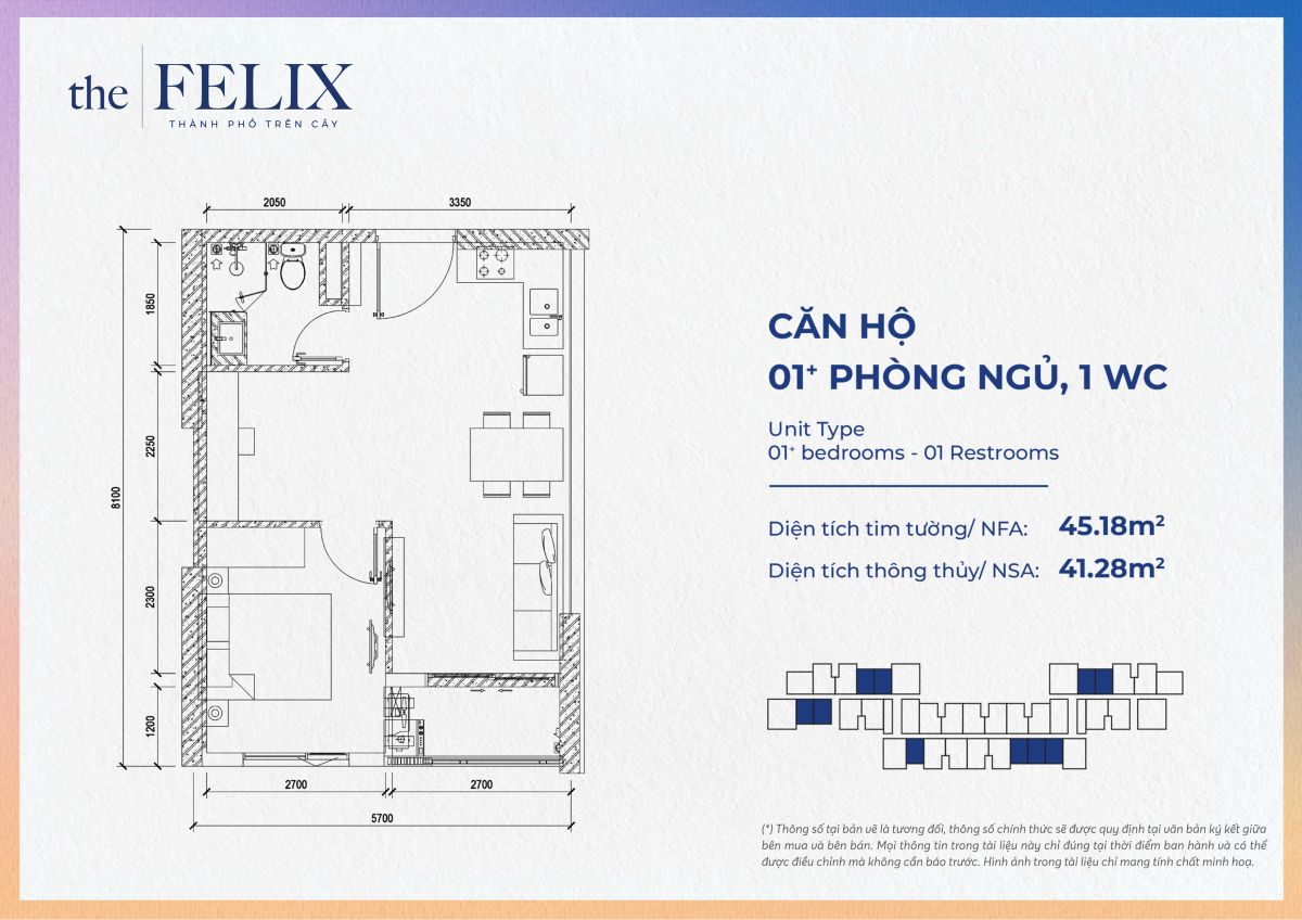 Layout thiết kế căn hộ 1 phòng ngủ The Felix