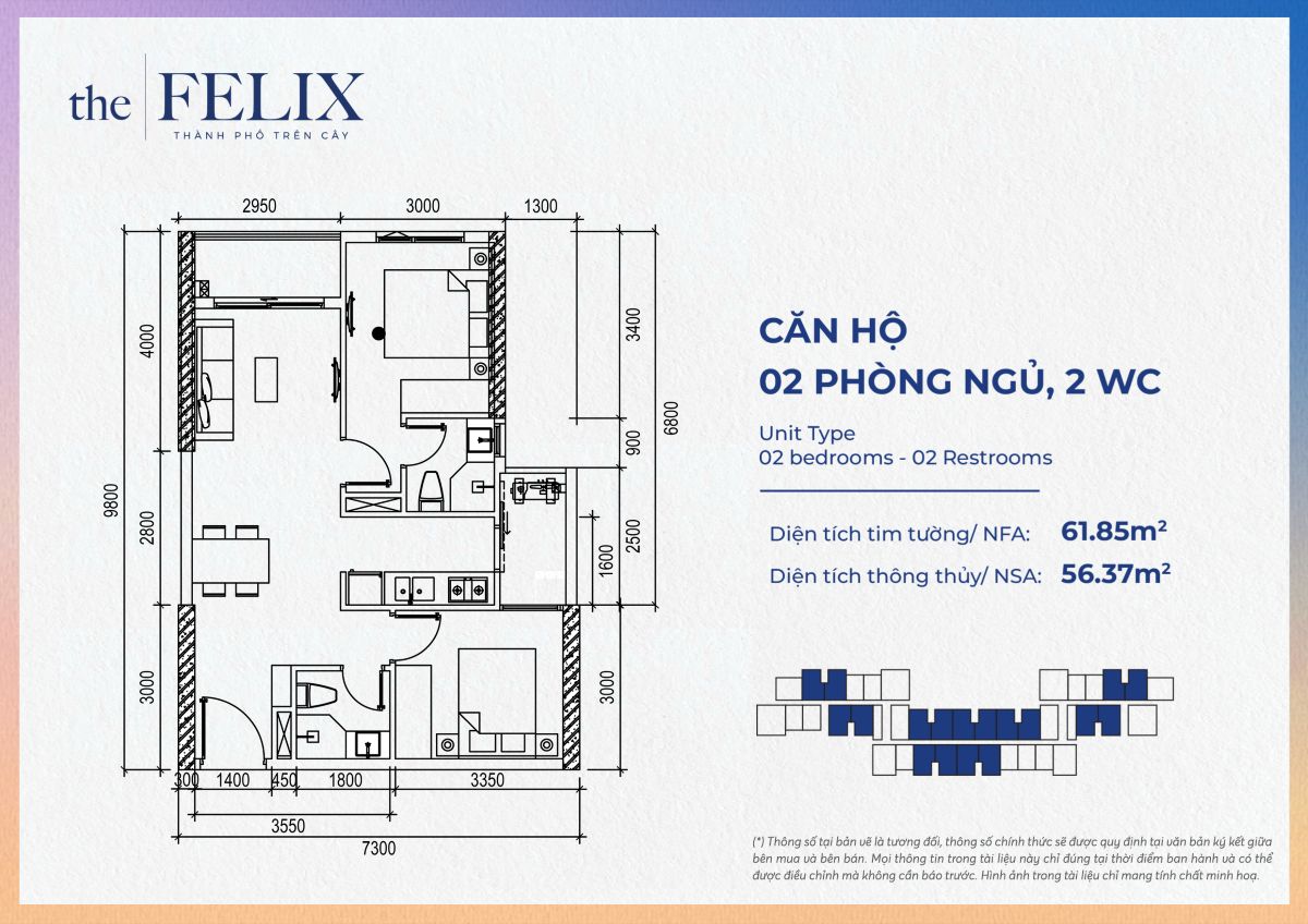 Layout thiết kế căn hộ 2 phòng ngủ The Felix