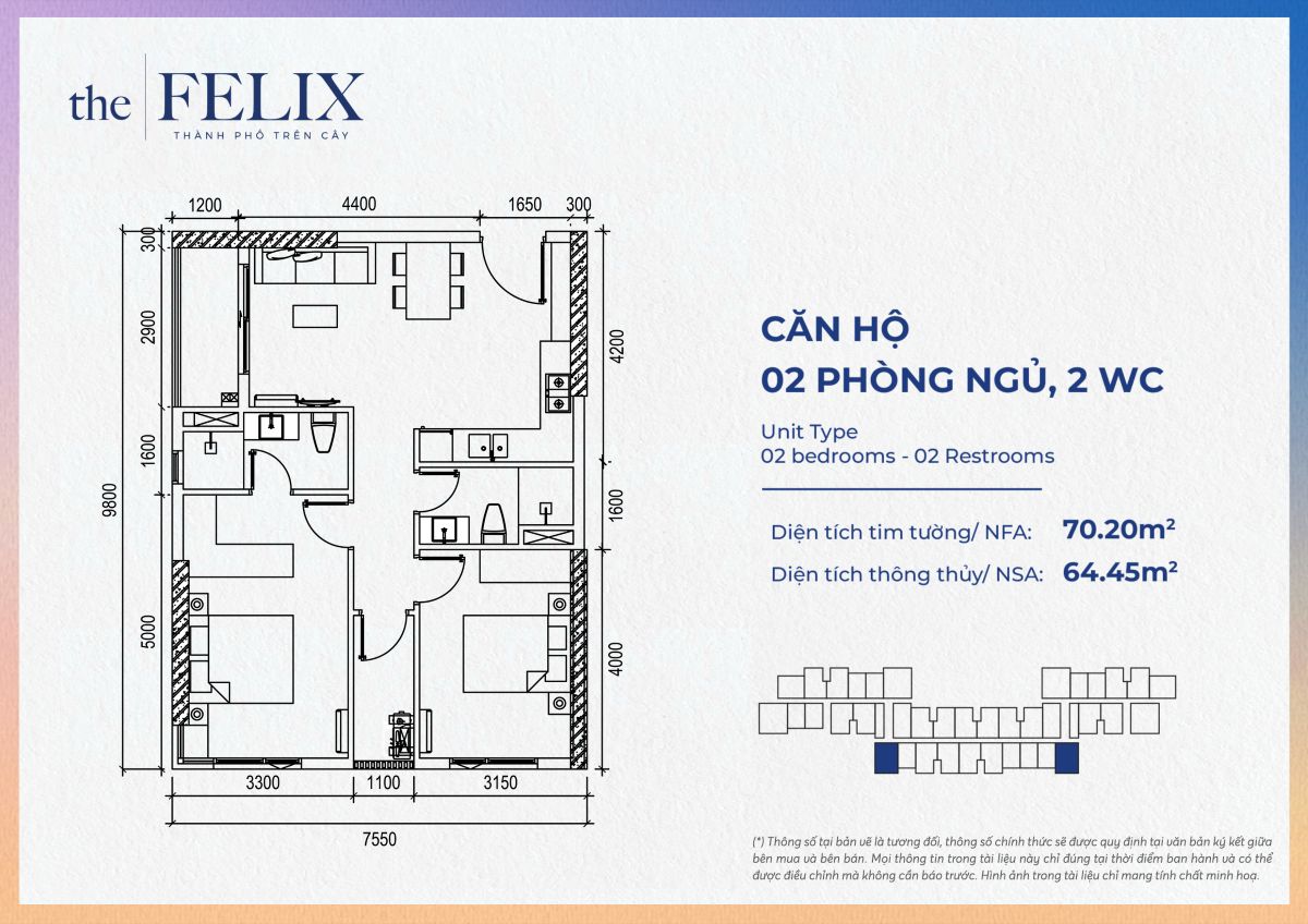 Layout thiết kế căn hộ 2 phòng ngủ The Felix