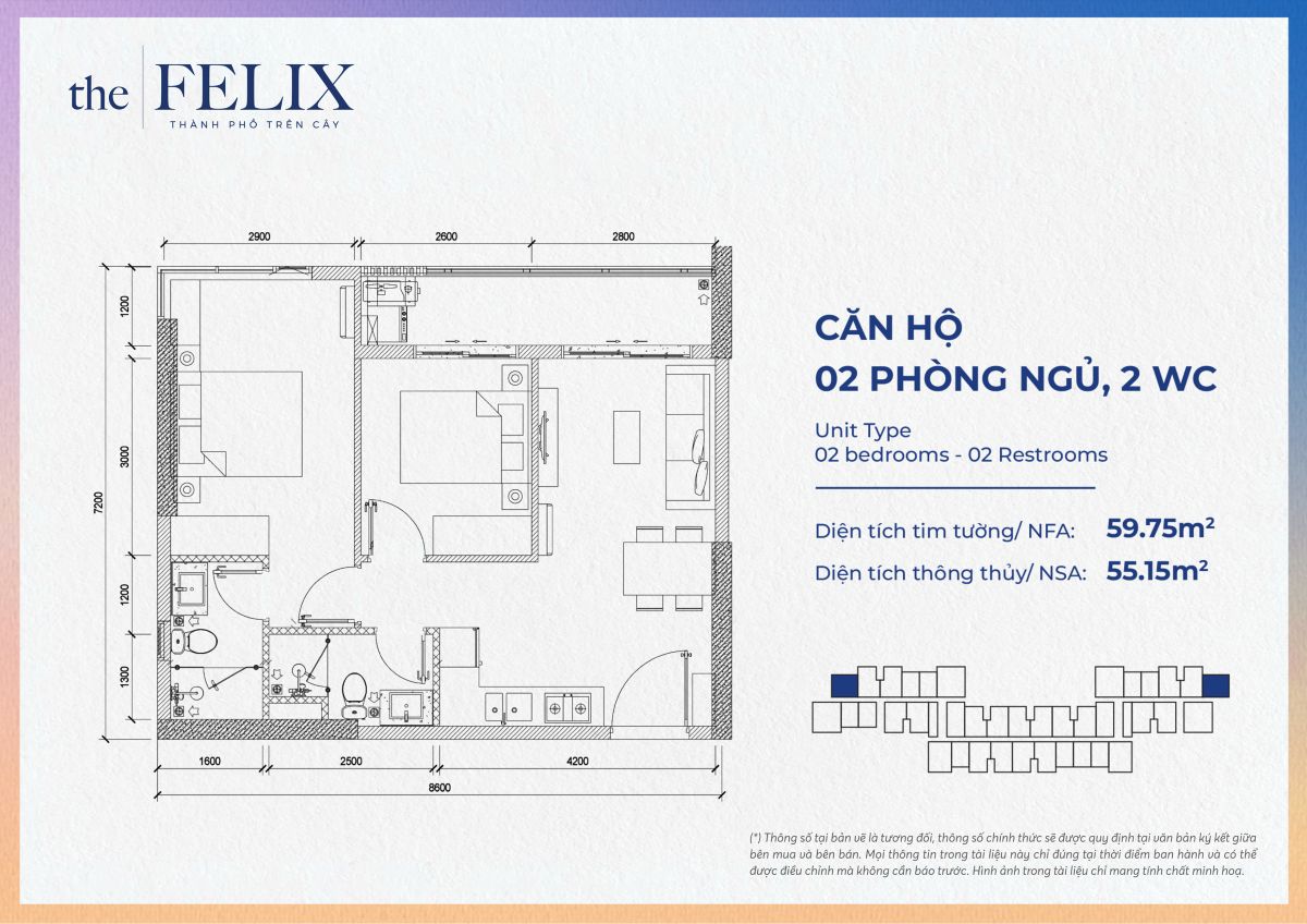 Layout thiết kế căn hộ 2 phòng ngủ The Felix