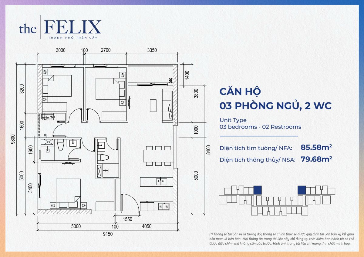 Layout thiết kế căn hộ 3 phòng ngủ The Felix