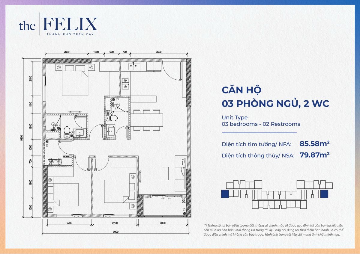Layout thiết kế căn hộ 3 phòng ngủ The Felix
