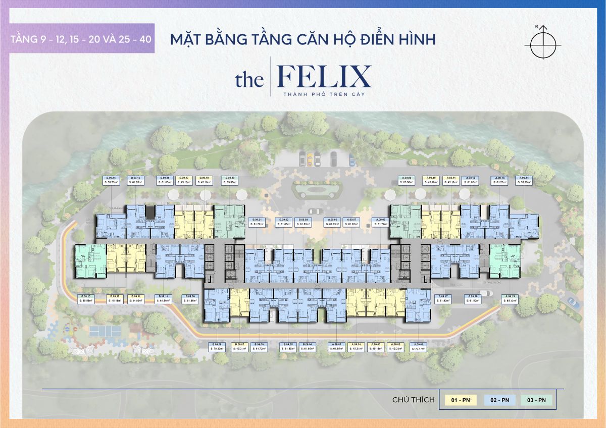 Mặt bằng tầng 9-12, 15-20, 25-40 căn hộ The Felix