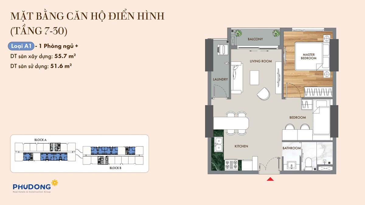 Thiết kế căn hộ 1 phòng ngủ dự án Phú Đông Skyone