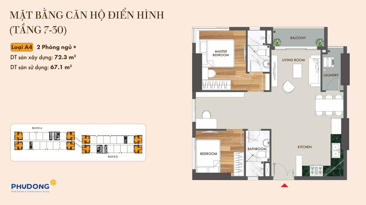 Thiết kế căn hộ 2 phòng ngủ dự án Phú Đông Skyone