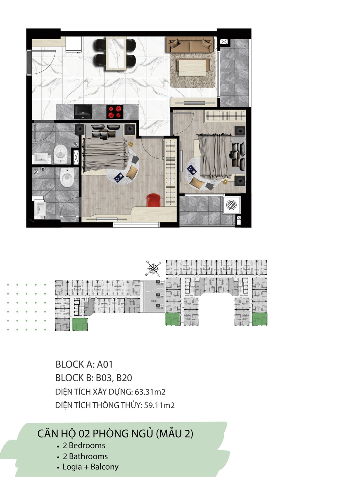 Layout căn hộ 2 phòng ngủ 2wc Stown Gateway