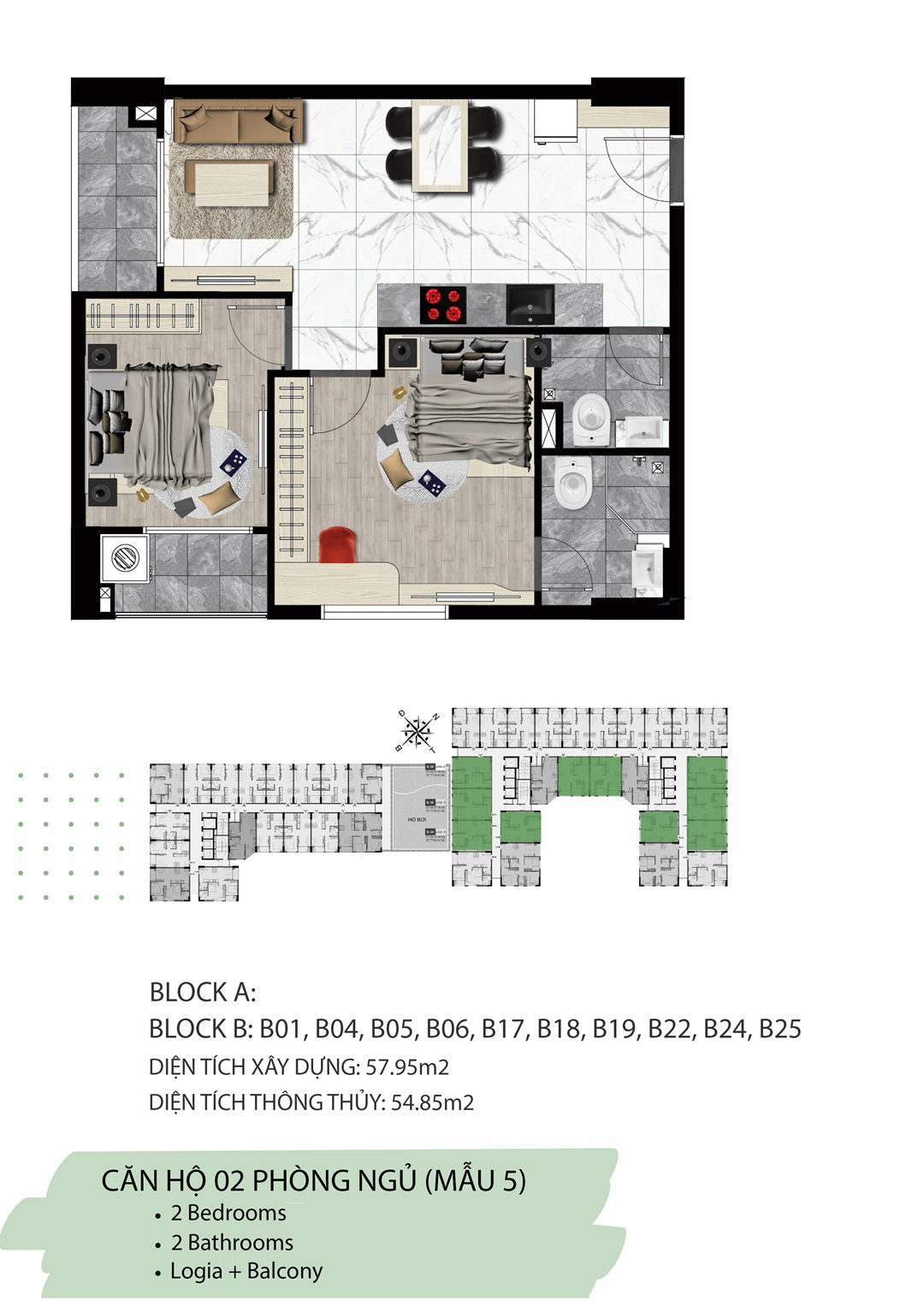 Layout căn hộ 2 phòng ngủ 2wc Stown Gateway