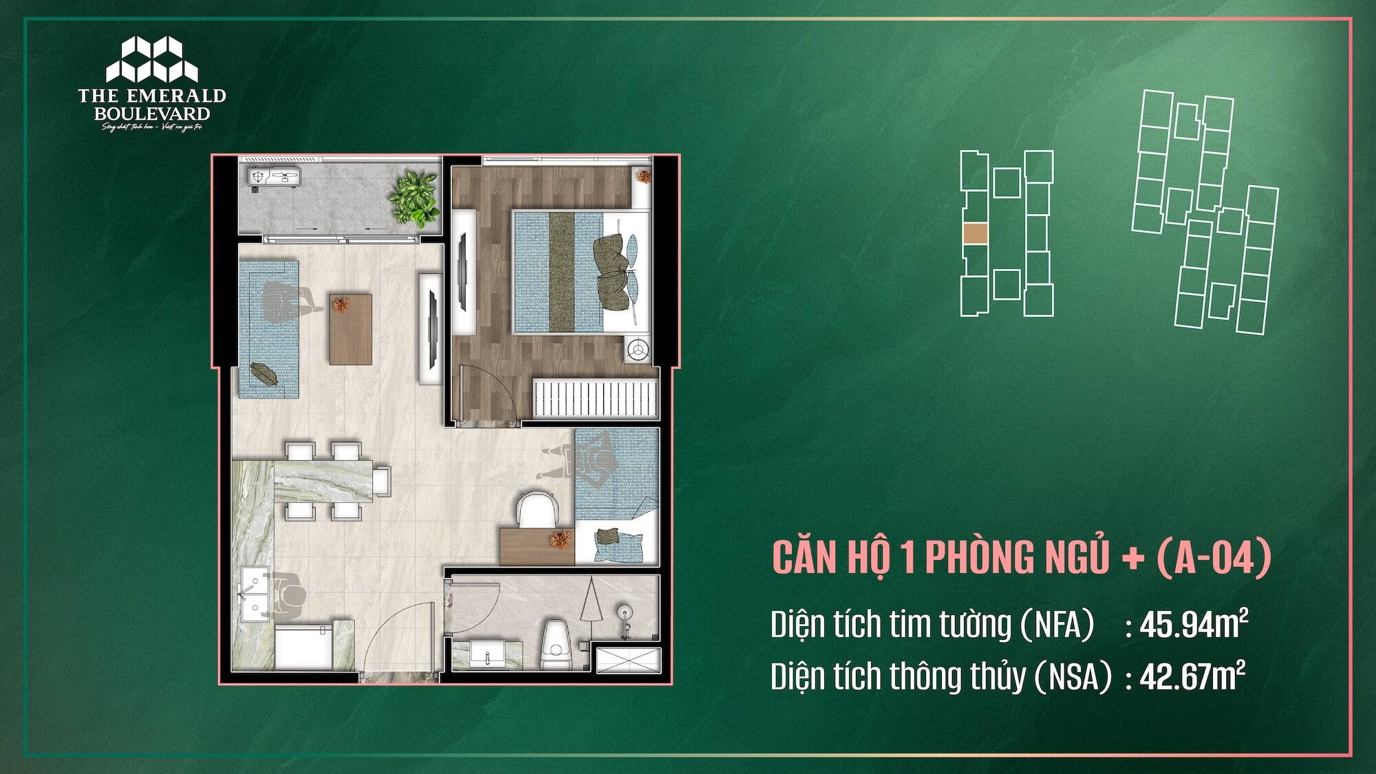Thiết kế căn hộ 1PN+ dự án The Emerald Boulevard