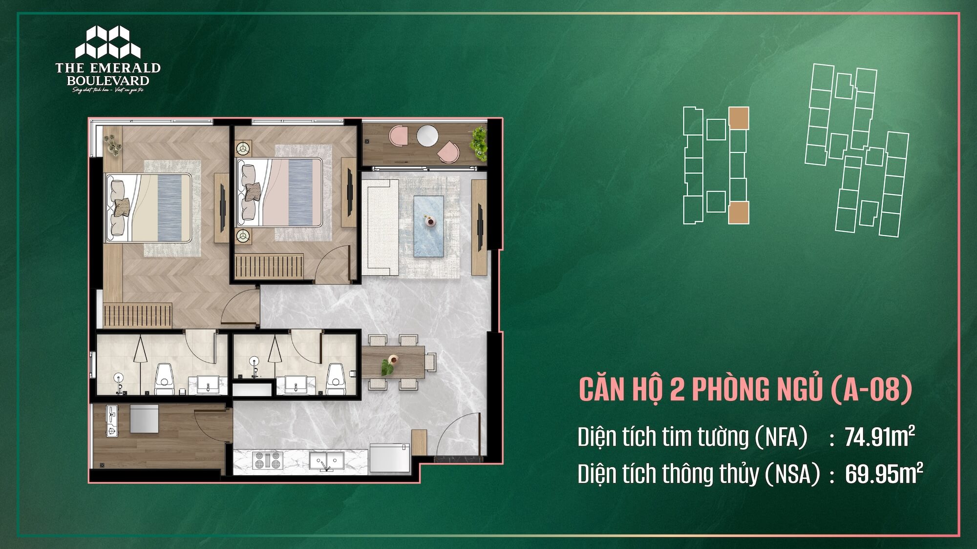 Thiết kế căn hộ 2 phòng ngủ dự án The Emerald Boulevard