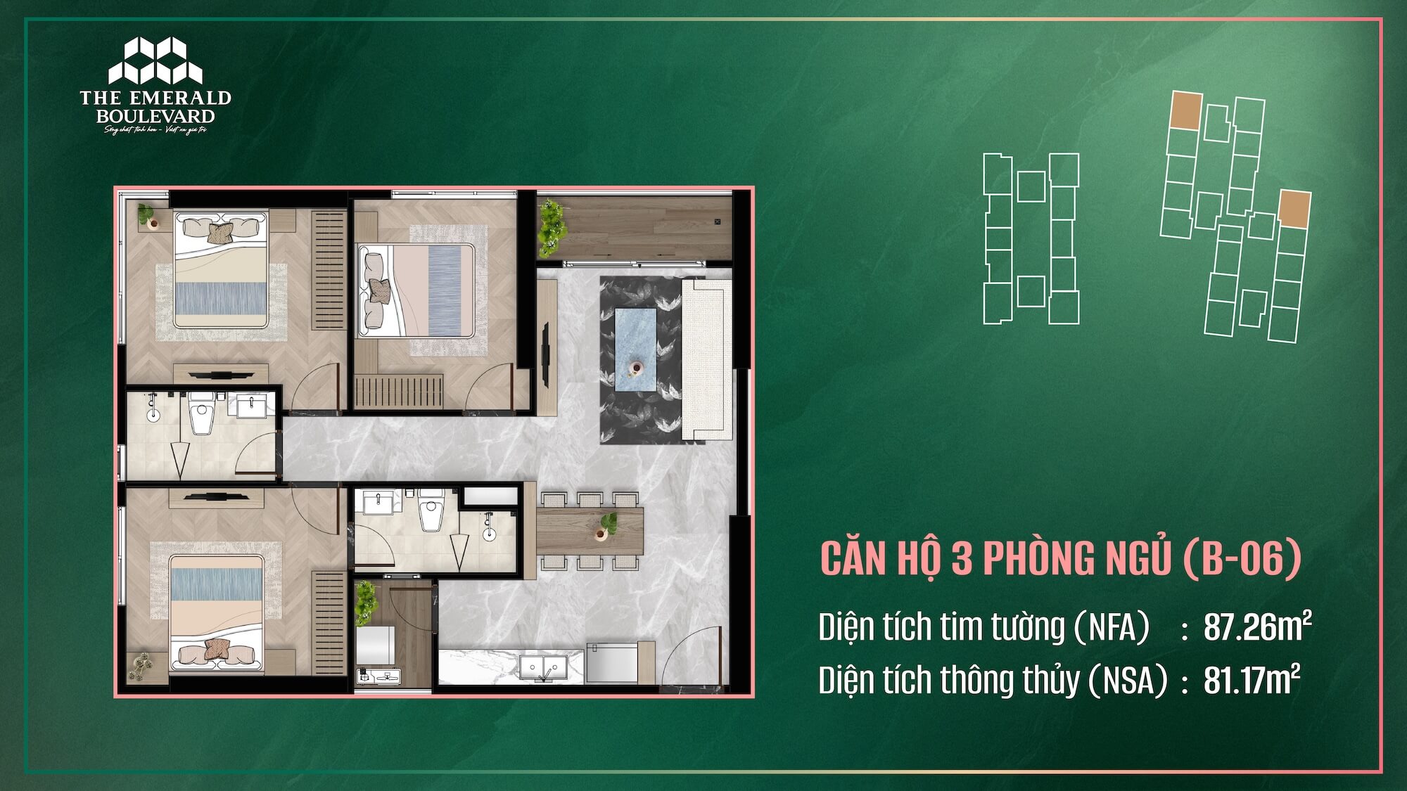 Thiết kế căn hộ 3 phòng ngủ dự án The Emerald Boulevard