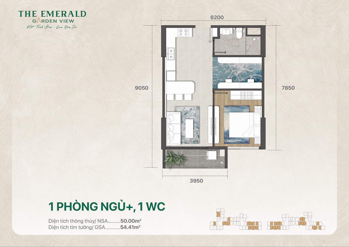 Thiết kế căn hộ 1 phòng ngủ + The Emerald Garden View