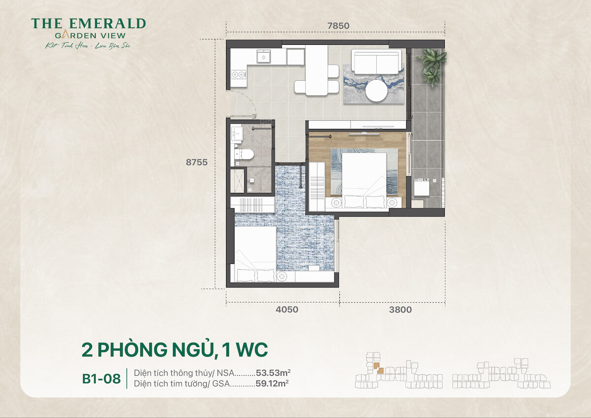 Thiết kế căn hộ 2 phòng ngủ 1 wc The Emerald Garden View