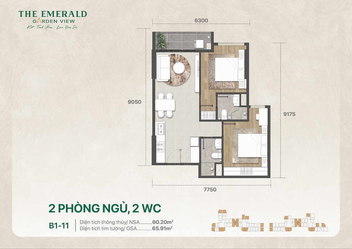Thiết kế căn hộ 2 phòng ngủ 2 wc The Emerald Garden View