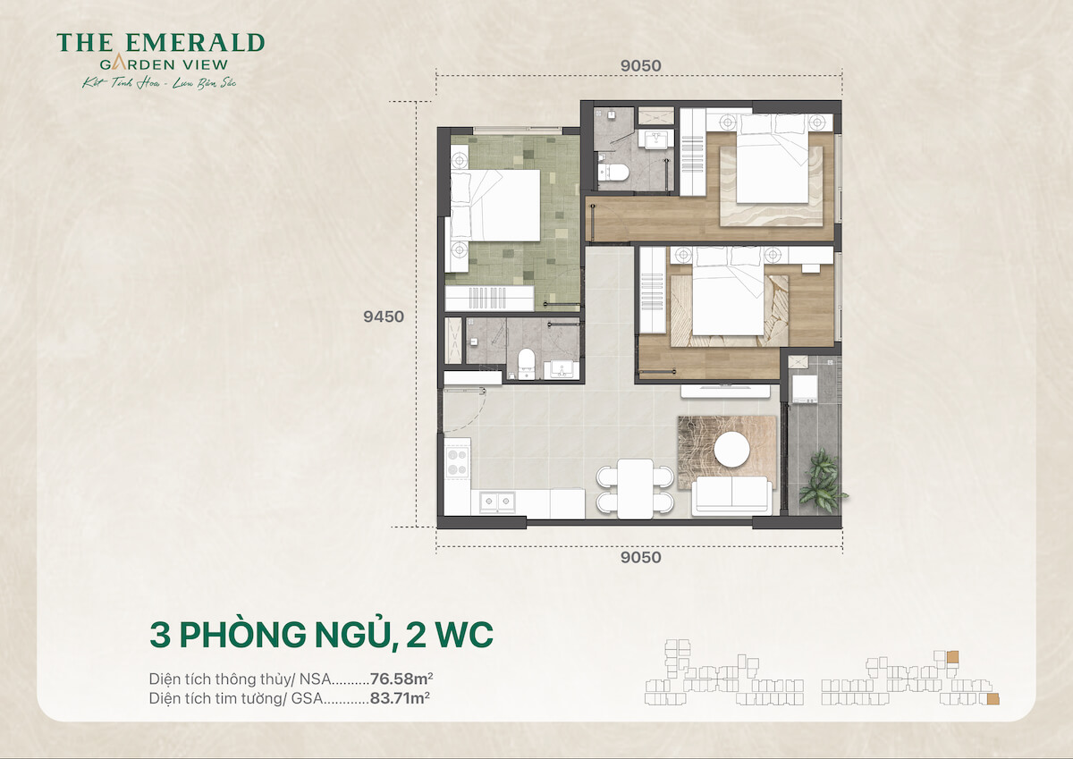 Thiết kế căn hộ 3 phòng ngủ dự án The Emerald Garden View