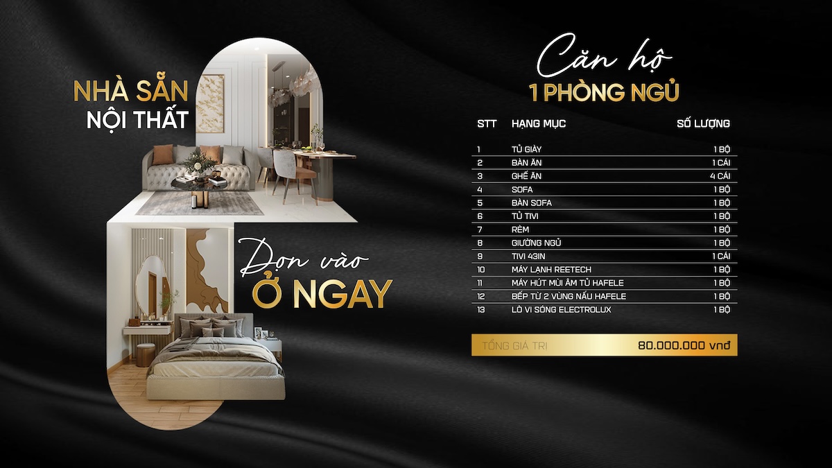 Gói nội thất bàn giao căn hộ 1 phòng ngủ Diamond Boulevard