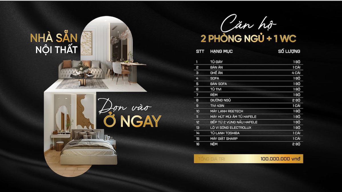 Gói nội thất bàn giao căn hộ 3 phòng ngủ Diamond Boulevard