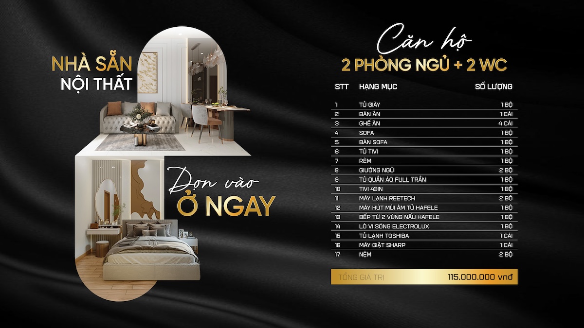Gói nội thất bàn giao căn hộ 2 phòng ngủ 2WC Diamond Boulevard