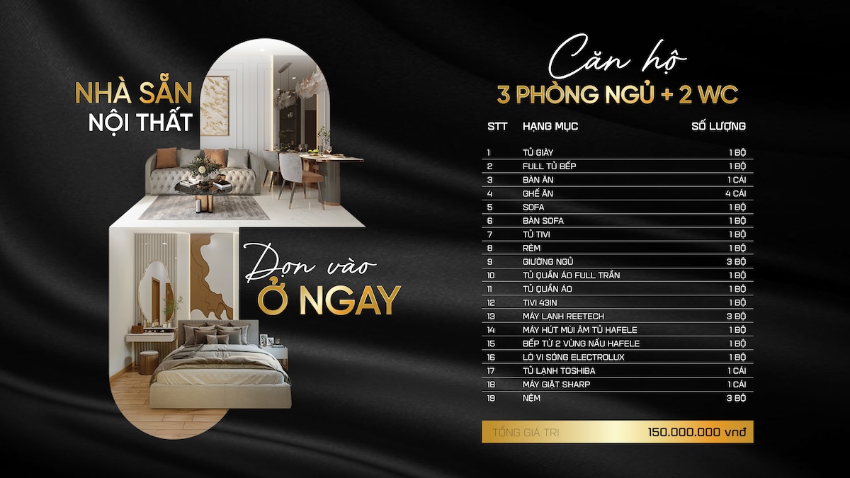 Gói nội thất bàn giao căn hộ 2 phòng ngủ 1wc Diamond Boulevard