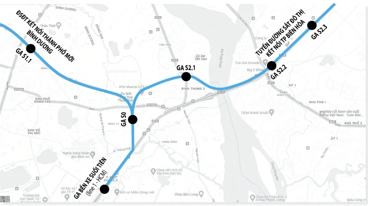 Sơ đồ tuyến metro số 1 nối dài từ Suối Tiên đi Thành phố Mới