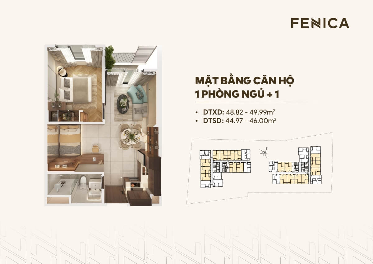 Thiết kế căn hộ 1 phòng ngủ + dự án Fenica Dĩ An